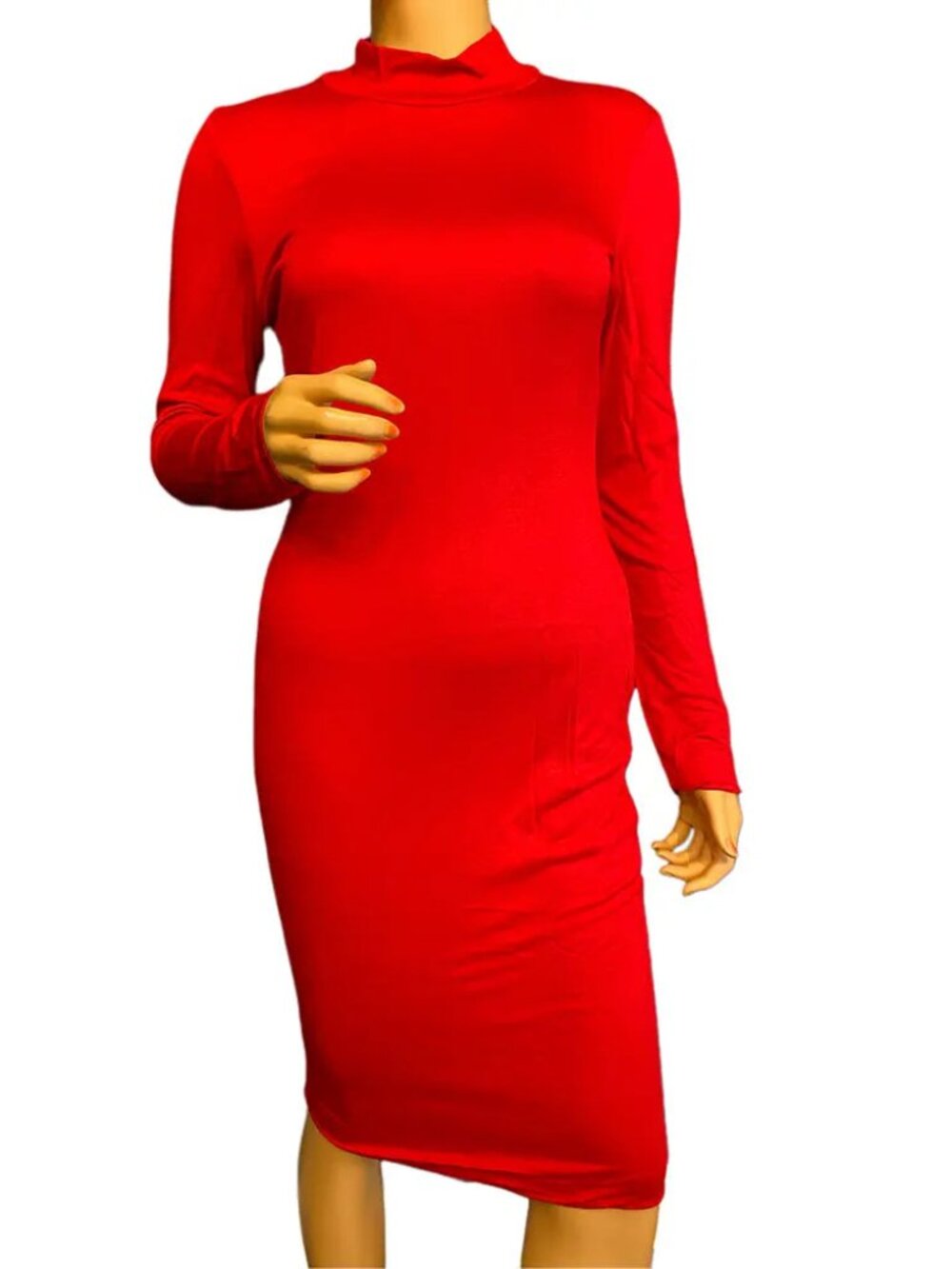 LUX LA Bodycon Midi Dress Red Mock Neck Long Sleeve Stretch